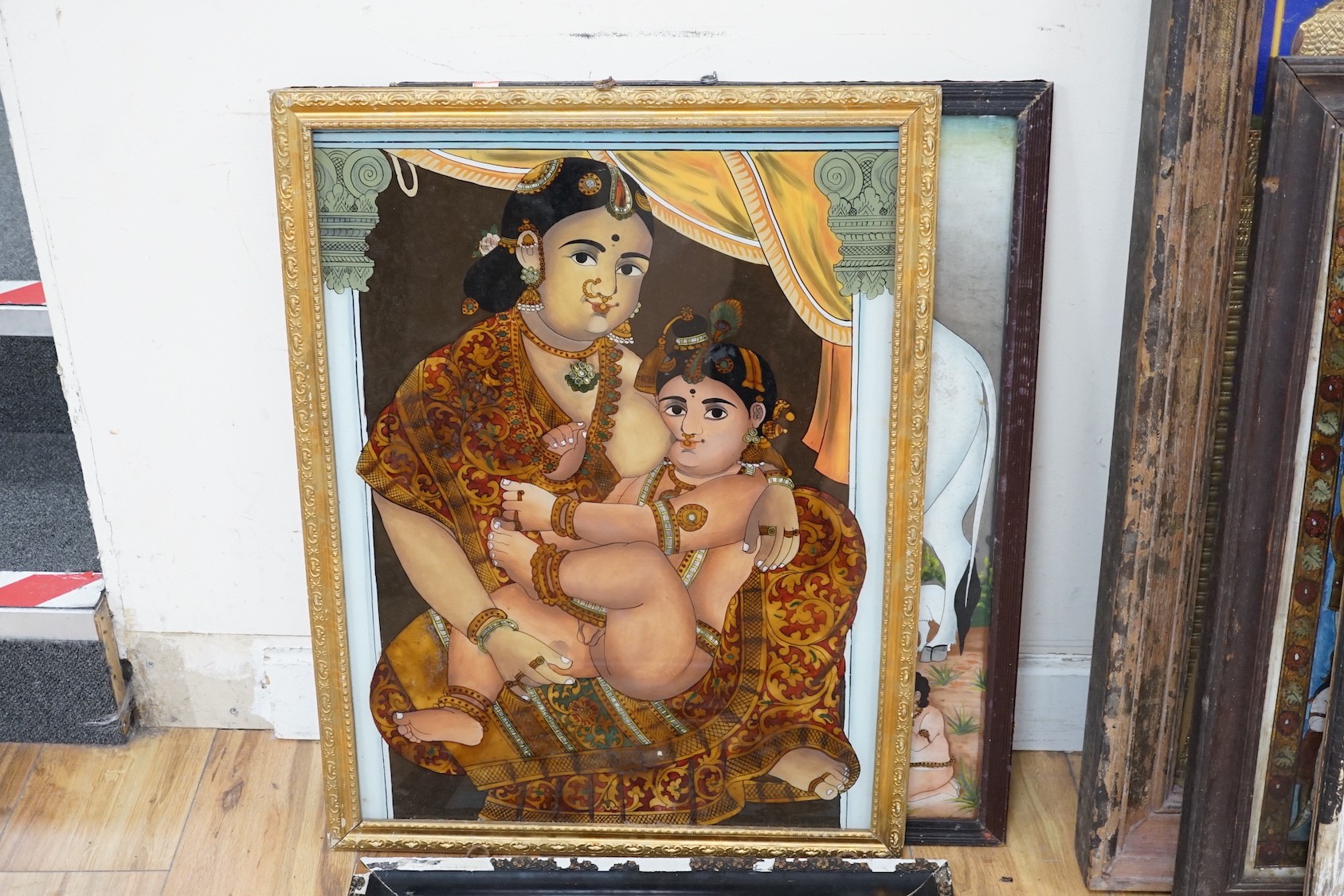 Indian School c.1900, five reverse paintings on glass, Nobles, deities and other figures, largest 59 x 44cm